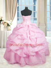 Floor Length Pink Quinceanera Gowns Organza Sleeveless Beading and Ruffles