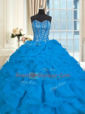 Eye-catching Blue Ball Gowns Sweetheart Sleeveless Organza With Brush Train Lace Up Beading and Ruffles 15th Birthday Dress