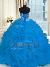 Eye-catching Blue Ball Gowns Sweetheart Sleeveless Organza With Brush Train Lace Up Beading and Ruffles 15th Birthday Dress
