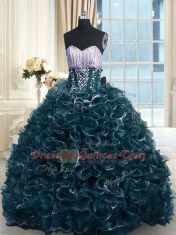 Sleeveless Organza With Brush Train Lace Up 15th Birthday Dress in Teal with Beading and Ruffles