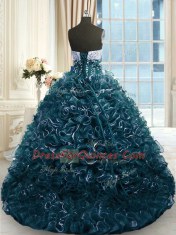 Sleeveless Organza With Brush Train Lace Up 15th Birthday Dress in Teal with Beading and Ruffles