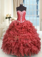 Rust Red Organza Lace Up Sweetheart Sleeveless Floor Length Vestidos de Quinceanera Beading and Ruffles