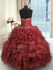Rust Red Organza Lace Up Sweetheart Sleeveless Floor Length Vestidos de Quinceanera Beading and Ruffles