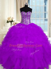 Suitable Purple Sweetheart Neckline Beading and Ruffles Quince Ball Gowns Sleeveless Lace Up