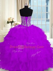 Suitable Purple Sweetheart Neckline Beading and Ruffles Quince Ball Gowns Sleeveless Lace Up