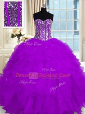 Suitable Purple Sweetheart Neckline Beading and Ruffles Quince Ball Gowns Sleeveless Lace Up