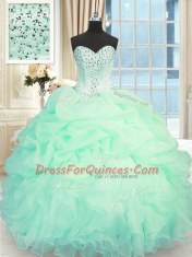 Floor Length Lace Up Quince Ball Gowns Apple Green for Military Ball and Sweet 16 and Quinceanera with Beading and Ruffles