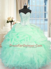 Floor Length Lace Up Quince Ball Gowns Apple Green for Military Ball and Sweet 16 and Quinceanera with Beading and Ruffles