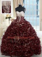 Admirable Sleeveless Brush Train Lace Up With Train Beading and Ruffles Quince Ball Gowns