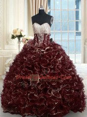 Admirable Sleeveless Brush Train Lace Up With Train Beading and Ruffles Quince Ball Gowns