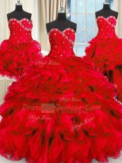 Delicate Four Piece Sweetheart Sleeveless Lace Up Vestidos de Quinceanera Red Organza