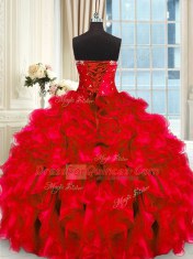 Delicate Four Piece Sweetheart Sleeveless Lace Up Vestidos de Quinceanera Red Organza