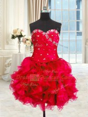 Delicate Four Piece Sweetheart Sleeveless Lace Up Vestidos de Quinceanera Red Organza