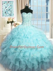 Gorgeous Sleeveless Organza Floor Length Lace Up Quinceanera Dresses in Baby Blue with Beading and Ruffles and Sequins