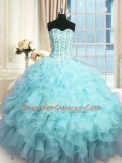 Gorgeous Sleeveless Organza Floor Length Lace Up Quinceanera Dresses in Baby Blue with Beading and Ruffles and Sequins