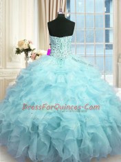 Gorgeous Sleeveless Organza Floor Length Lace Up Quinceanera Dresses in Baby Blue with Beading and Ruffles and Sequins