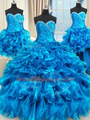 Four Piece Blue Three Pieces Sweetheart Sleeveless Organza Floor Length Lace Up Beading and Ruffles and Ruching 15th Birthday Dress