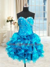 Four Piece Blue Three Pieces Sweetheart Sleeveless Organza Floor Length Lace Up Beading and Ruffles and Ruching 15th Birthday Dress