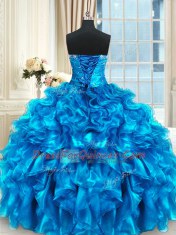 Four Piece Blue Three Pieces Sweetheart Sleeveless Organza Floor Length Lace Up Beading and Ruffles and Ruching 15th Birthday Dress