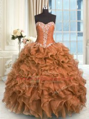 Exceptional Brown Sweetheart Neckline Beading and Ruffles Quinceanera Dress Sleeveless Lace Up