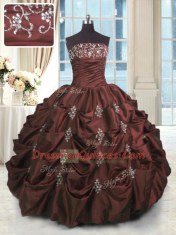 Sumptuous Burgundy Ball Gowns Taffeta Strapless Sleeveless Beading and Appliques and Embroidery and Pick Ups Floor Length Lace Up Sweet 16 Dress