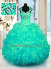 Discount Organza Straps Cap Sleeves Lace Up Beading and Ruffles Quinceanera Gowns in Turquoise