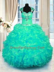 Discount Organza Straps Cap Sleeves Lace Up Beading and Ruffles Quinceanera Gowns in Turquoise