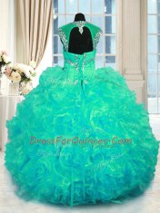 Discount Organza Straps Cap Sleeves Lace Up Beading and Ruffles Quinceanera Gowns in Turquoise