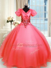 Modest Appliques Sweet 16 Quinceanera Dress Coral Red Lace Up Short Sleeves Floor Length