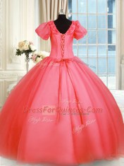 Modest Appliques Sweet 16 Quinceanera Dress Coral Red Lace Up Short Sleeves Floor Length