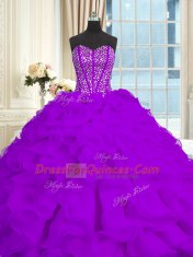 Organza Sweetheart Sleeveless Brush Train Lace Up Beading and Ruffles Quinceanera Dress in Eggplant Purple