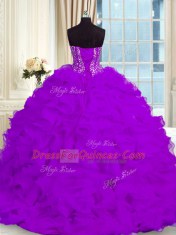 Organza Sweetheart Sleeveless Brush Train Lace Up Beading and Ruffles Quinceanera Dress in Eggplant Purple