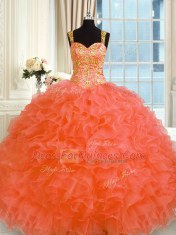 Glorious Orange Red Ball Gowns Organza Straps Sleeveless Embroidery and Ruffles Floor Length Lace Up Sweet 16 Dresses
