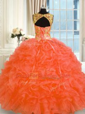 Glorious Orange Red Ball Gowns Organza Straps Sleeveless Embroidery and Ruffles Floor Length Lace Up Sweet 16 Dresses