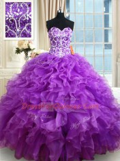 Sleeveless Organza Floor Length Lace Up Sweet 16 Quinceanera Dress in Purple with Beading and Ruffles