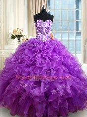 Sleeveless Organza Floor Length Lace Up Sweet 16 Quinceanera Dress in Purple with Beading and Ruffles