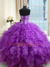 Sleeveless Organza Floor Length Lace Up Sweet 16 Quinceanera Dress in Purple with Beading and Ruffles