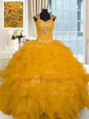 Beading and Ruffles Vestidos de Quinceanera Gold Lace Up Cap Sleeves Floor Length