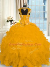Beading and Ruffles Vestidos de Quinceanera Gold Lace Up Cap Sleeves Floor Length