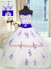 Excellent Tulle Sleeveless Floor Length Quinceanera Gown and Embroidery and Belt