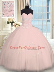 Suitable Beading Ball Gown Prom Dress Pink Lace Up Sleeveless Floor Length