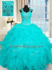 Hot Sale Aqua Blue Lace Up Straps Beading and Ruffles Ball Gown Prom Dress Organza Cap Sleeves
