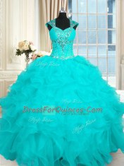 Hot Sale Aqua Blue Lace Up Straps Beading and Ruffles Ball Gown Prom Dress Organza Cap Sleeves