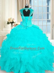 Hot Sale Aqua Blue Lace Up Straps Beading and Ruffles Ball Gown Prom Dress Organza Cap Sleeves