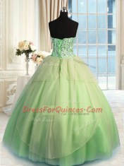 Hot Selling Floor Length Yellow Green Quinceanera Gowns Organza Sleeveless Beading and Ruching