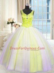 Multi-color Tulle Lace Up 15th Birthday Dress Sleeveless Floor Length Beading and Sequins