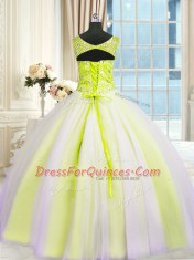 Multi-color Tulle Lace Up 15th Birthday Dress Sleeveless Floor Length Beading and Sequins