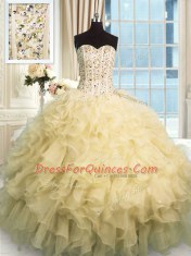 Organza Sweetheart Sleeveless Lace Up Beading and Ruffles Ball Gown Prom Dress in Champagne