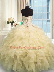 Organza Sweetheart Sleeveless Lace Up Beading and Ruffles Ball Gown Prom Dress in Champagne
