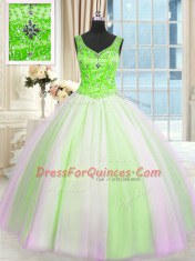 Romantic V-neck Sleeveless Tulle Sweet 16 Quinceanera Dress Beading and Sequins Lace Up